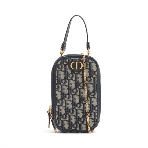 Christian Dior Oblique Phone Pouch canvas x leather Chain Shoulder Bag Navy Blue - Picture 1 of 10